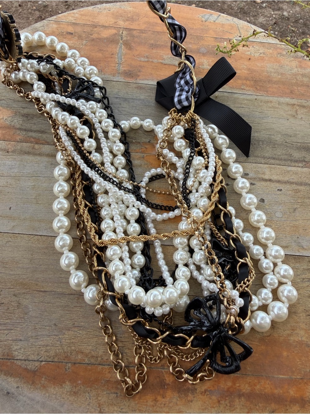 Betsey Johnson Multi Strand Pearl Chain Statement Necklace Gingham Bow